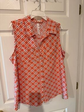 Sleeveless Orange Geometric Button-Front Top